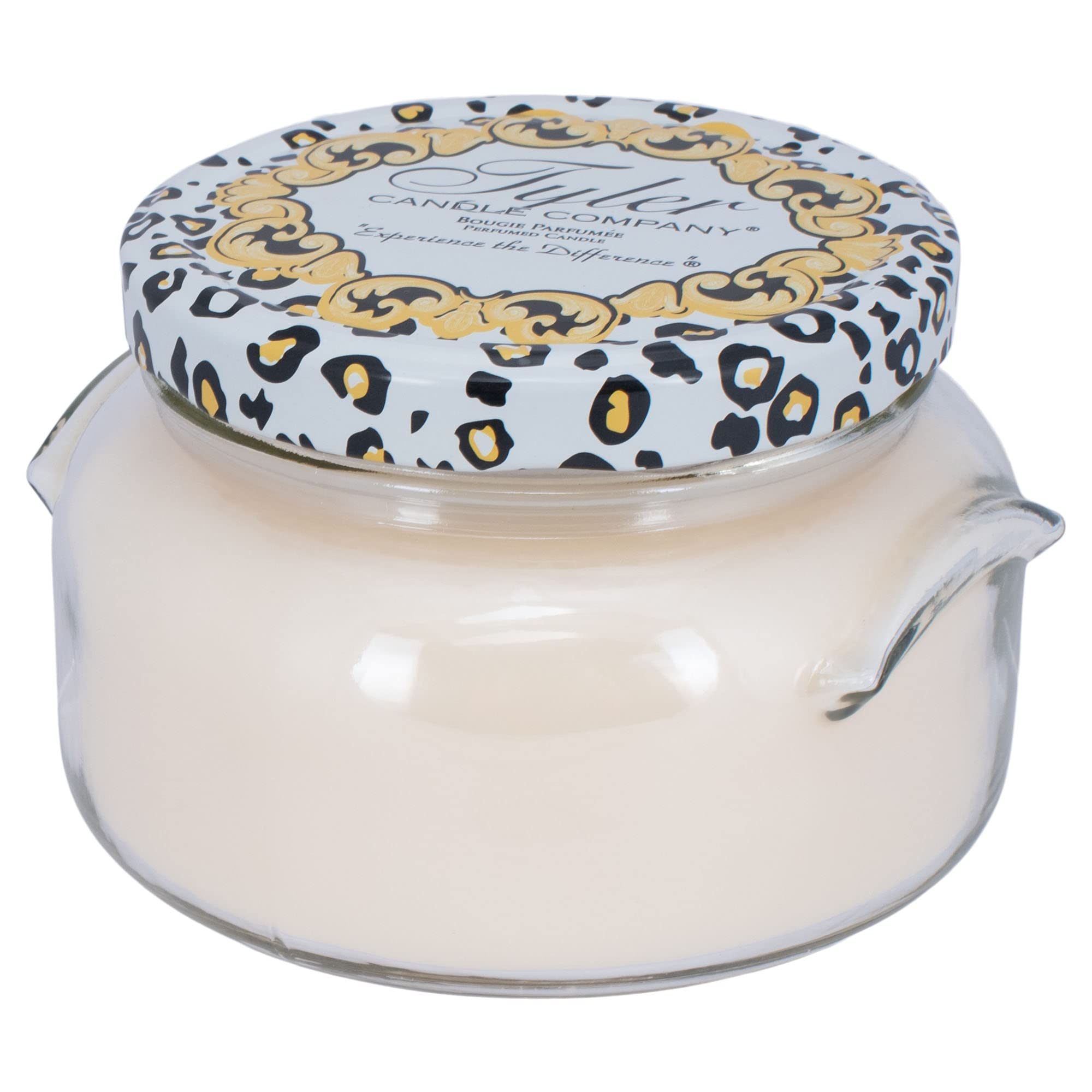 Tyler Candle Company tarro frontal elegante mostrando 22 oz y diseño decorativo