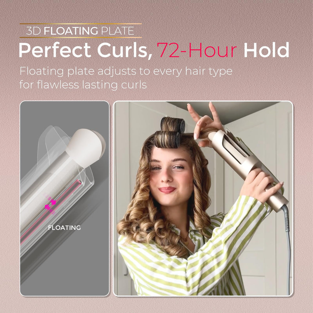 TYMO CurlPro Plus controls and timer display showing one-button operation and repeatable timing