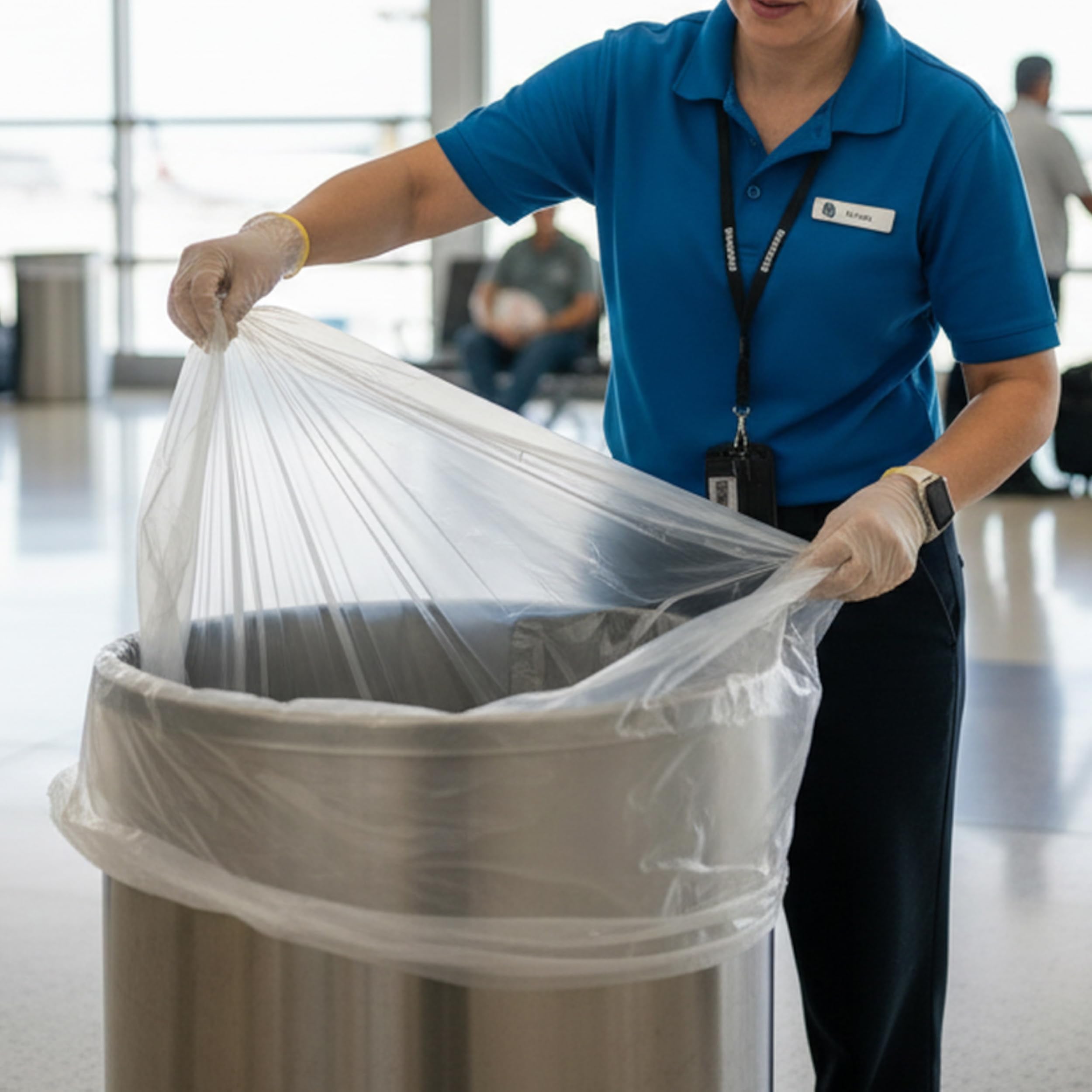 TYPLASTICS bolsa junto a persona para escala, demuestra tamaño real y capacidad