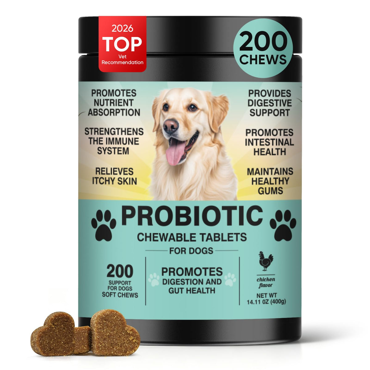 TzzyiC envase frontal mostrando 200 masticables y beneficios digestivos