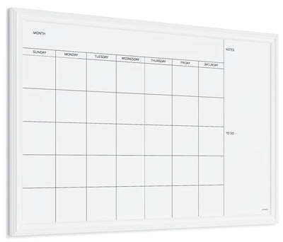 U Brands calendar front view showing monthly grid and white wood frame for organized planning