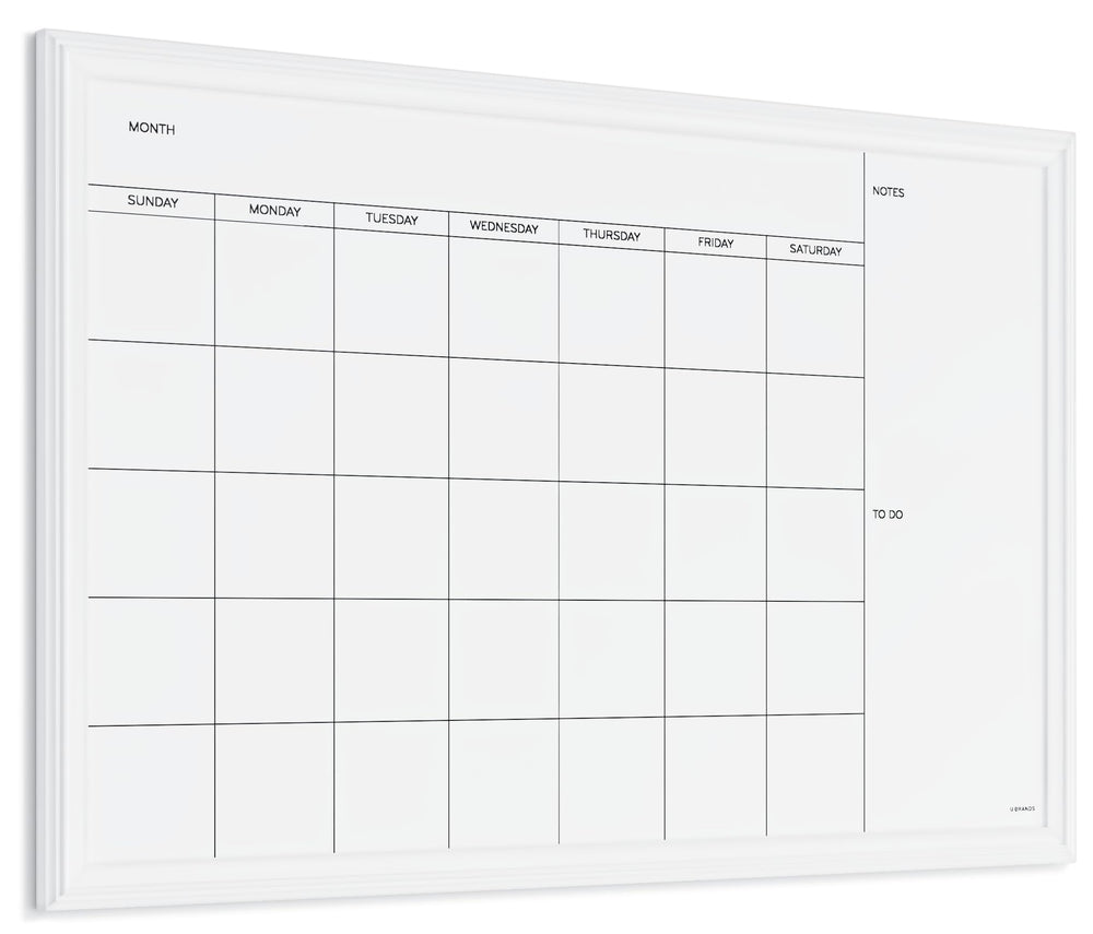 U Brands calendar front view showing monthly grid and white wood frame for organized planning