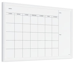U Brands calendar front view showing monthly grid and white wood frame for organized planning