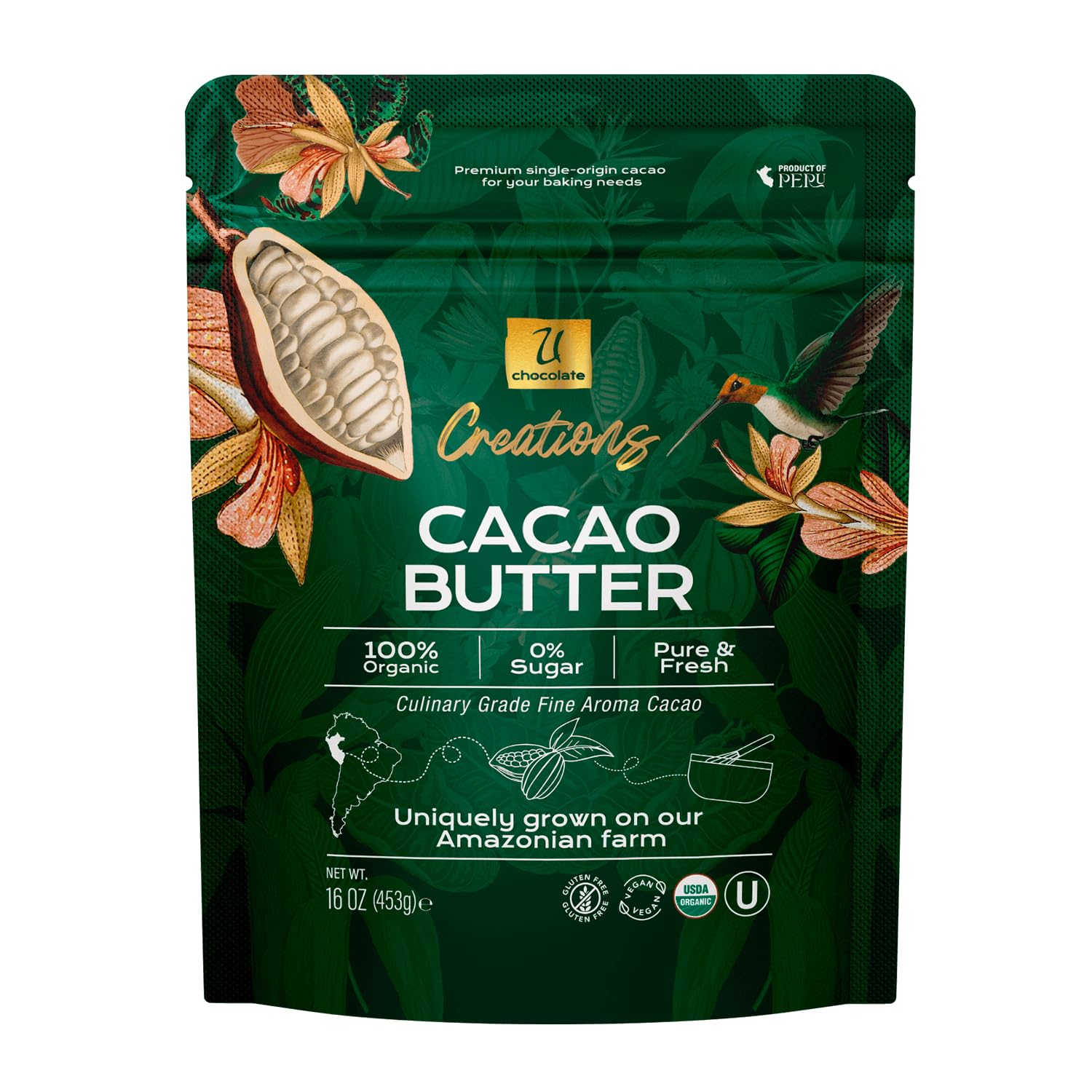 U manteca de cacao frente del envase mostrando etiqueta y pureza
