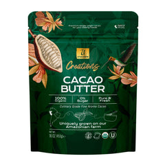 U manteca de cacao frente del envase mostrando etiqueta y pureza