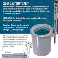 U.S. Pool Supply skimmer en uso en piscina elevada, captura hojas en superficie