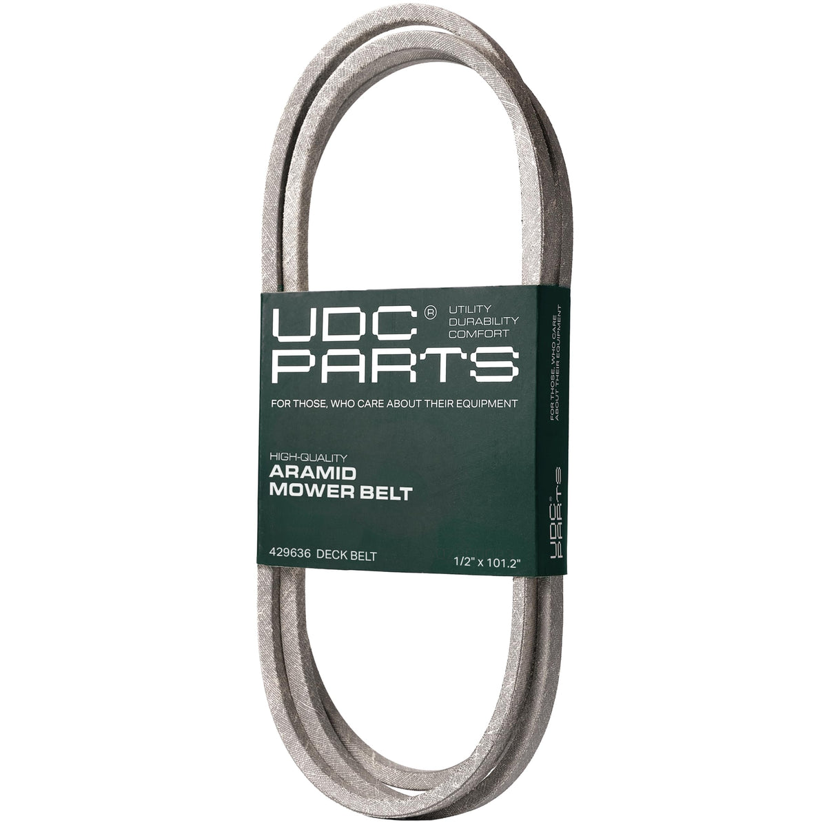 UDC Mower Belts vista frontal del empaque mostrando la correa y ajuste claro