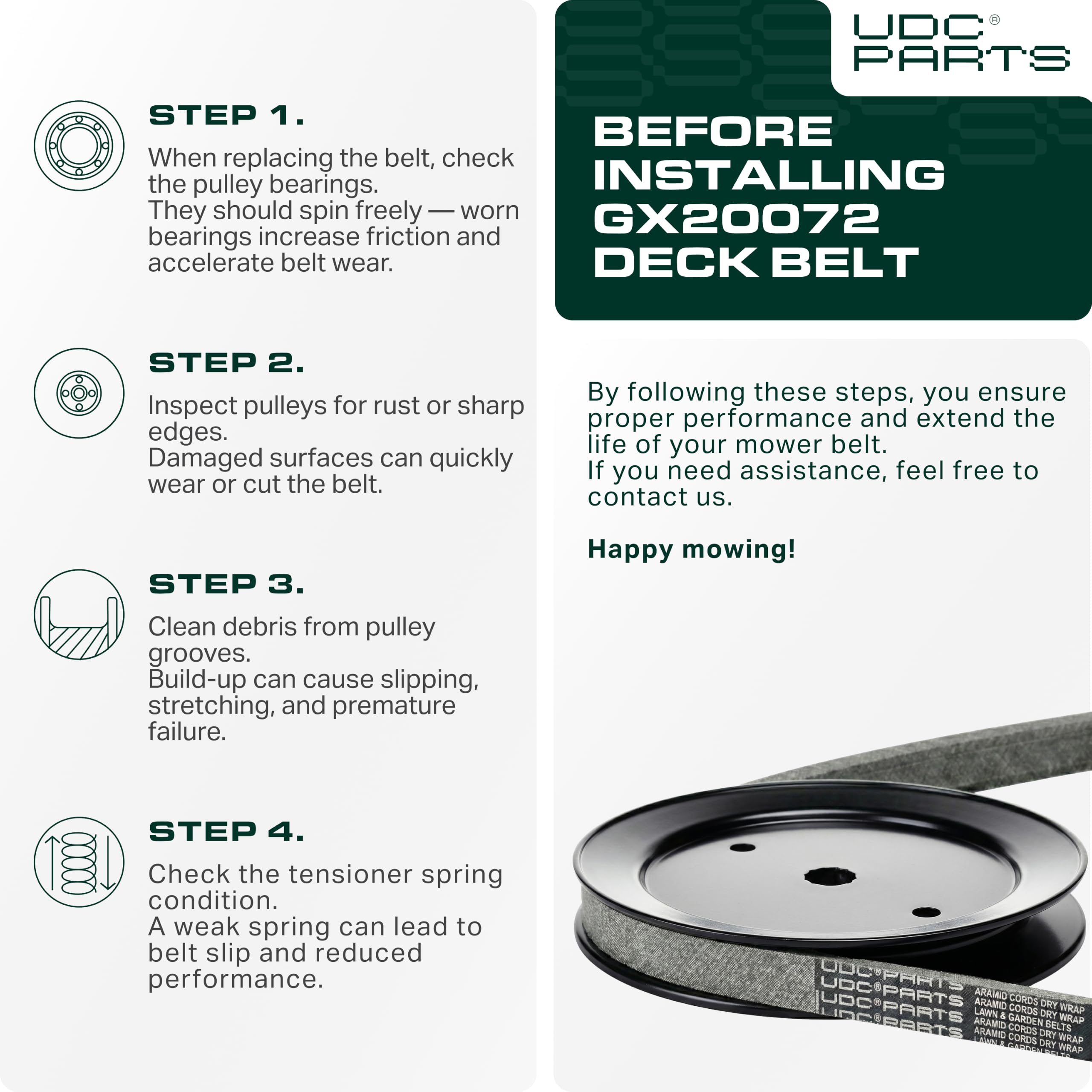 UDC Mower Belts correa instalada en deck de 42 pulgadas para corte fiable