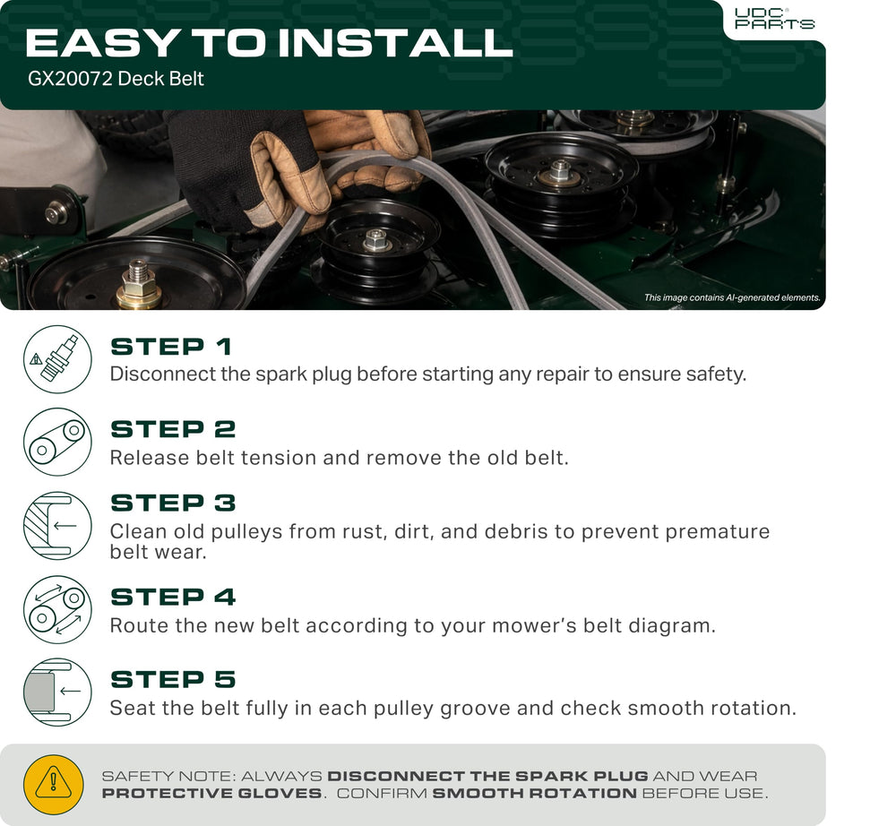 UDC Mower Belts etiqueta indicando reemplazos GX20072 UC32283 GY20570
