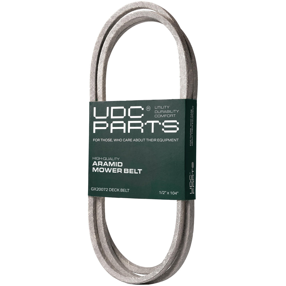 UDC Mower Belts frontal del empaque mostrando la correa y compatibilidades