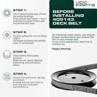 UDC Mower Belts correa junto a regla para comparar 105.75 pulgadas y 0.5 pulgadas