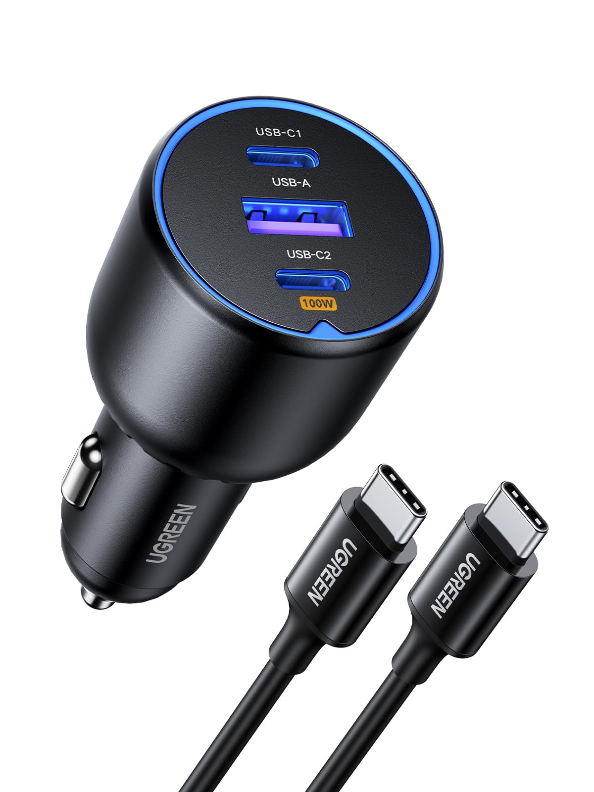 UGREEN cargador coche frontal mostrando puerto USB-C y diseño compacto beneficio carga estable