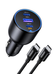 UGREEN cargador coche frontal mostrando puerto USB-C y diseño compacto beneficio carga estable