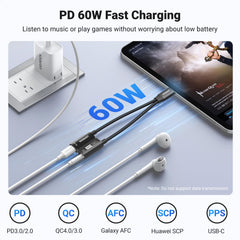 UGREEN vista del conector USB-C y jack 3.5mm para audio y carga simultánea