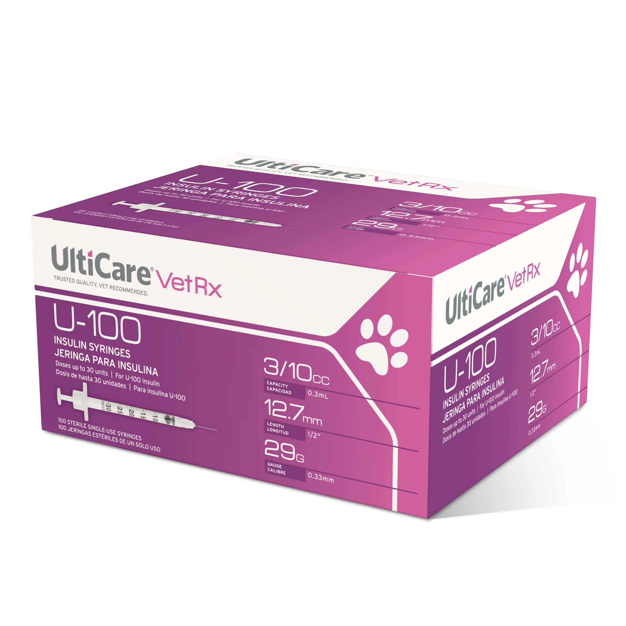UltiCare VetRx empaque frontal mostrando 100 jeringas y beneficio de almacenamiento
