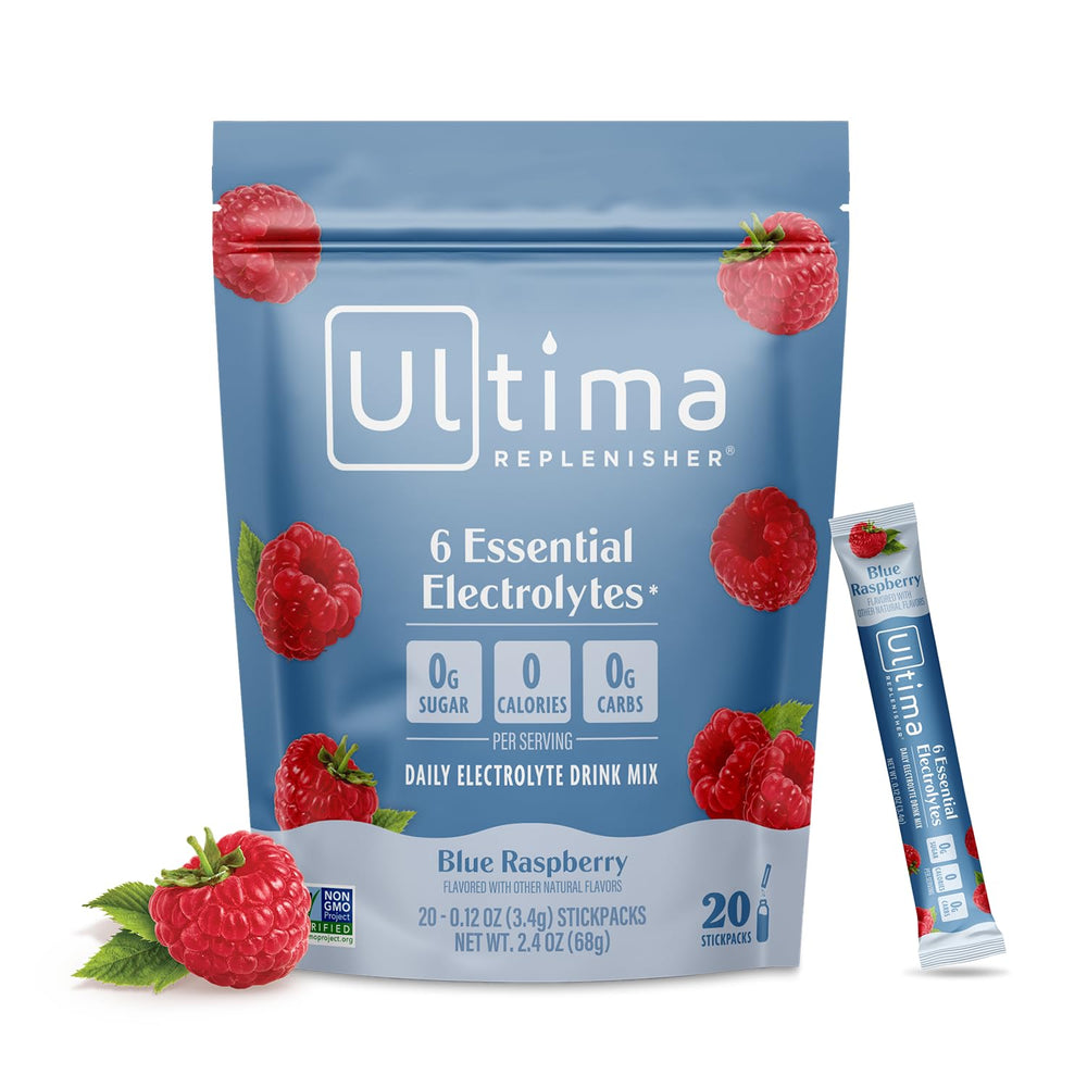Ultima Replenisher front box showing blue raspberry stickpacks and benefits