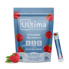 Ultima Replenisher front box showing blue raspberry stickpacks and benefits