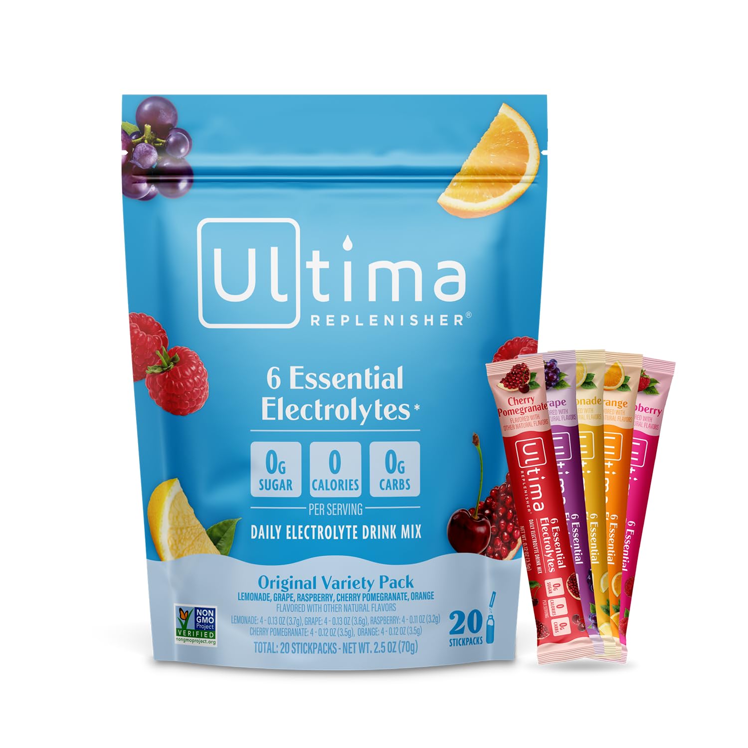 Ultima Replenisher front packaging showing 20 stickpacks and portability benefit