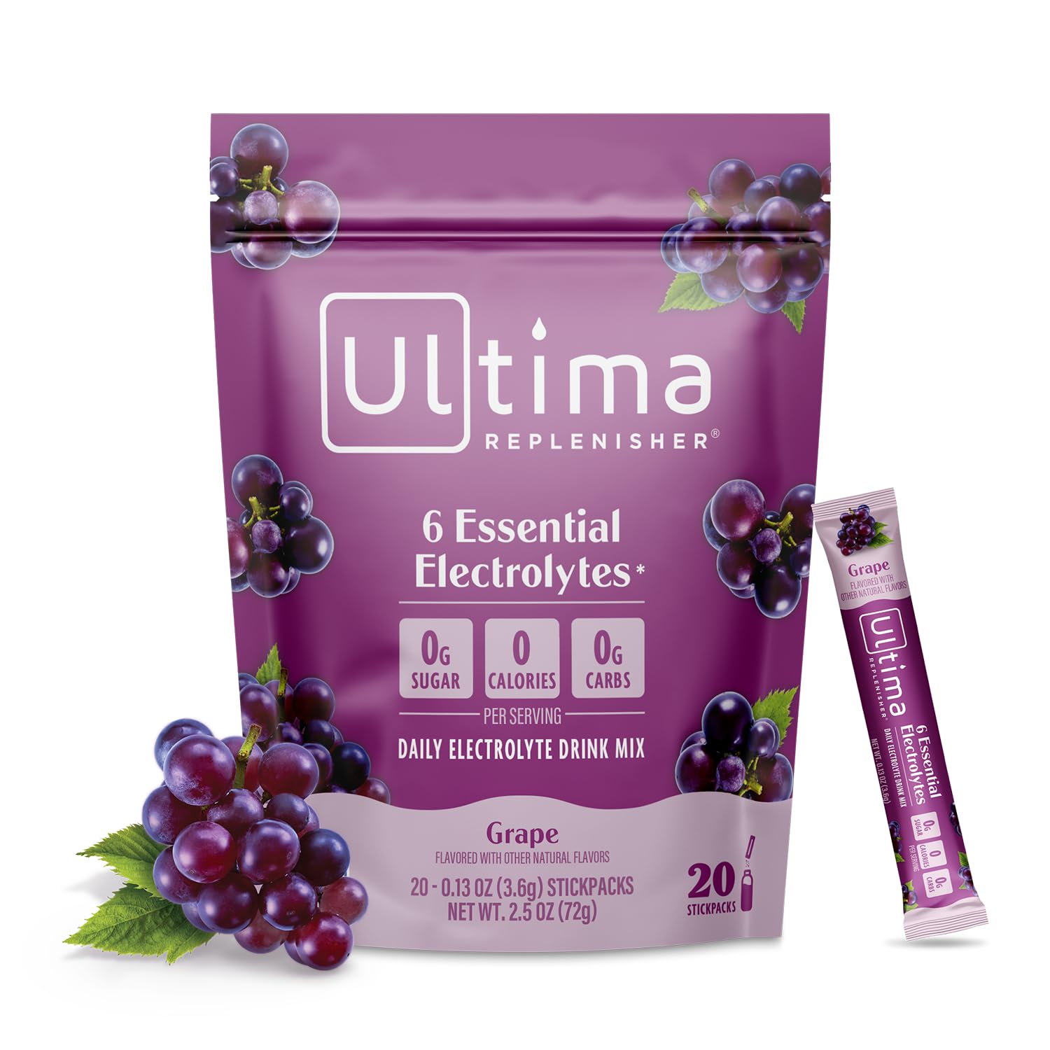 Ultima Replenisher front packaging showing grape stickpacks and brand benefits