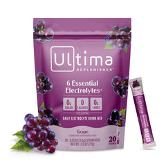 Ultima Replenisher front packaging showing grape stickpacks and brand benefits