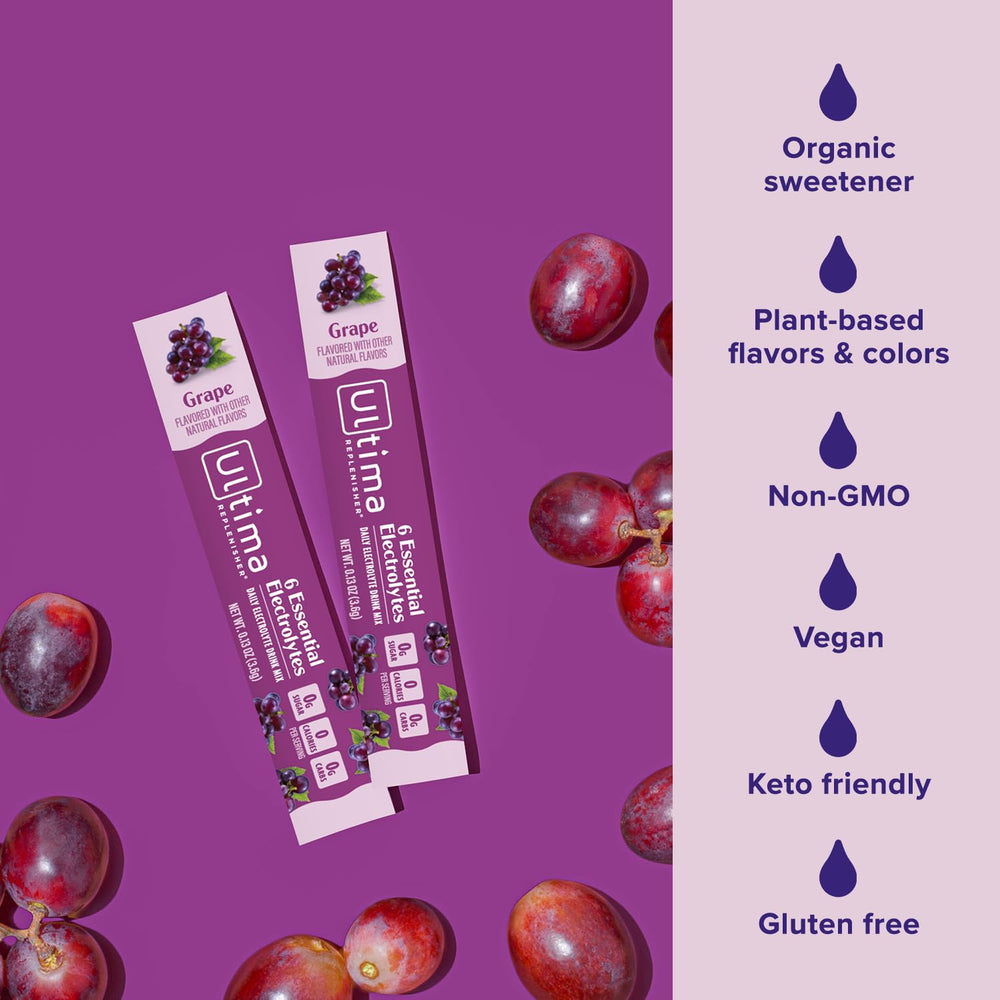 Ultima Replenisher grape stickpack dissolving in water for quick hydration