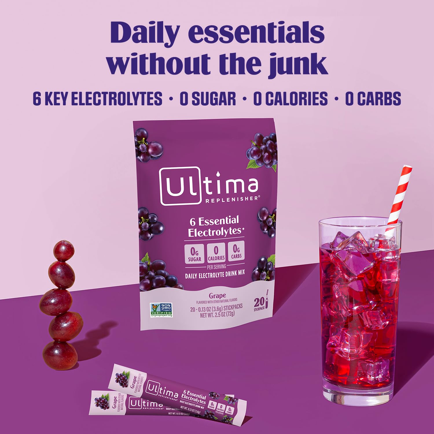 Ultima Replenisher single grape stickpack close-up ready for travel convenience