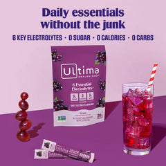 Ultima Replenisher single grape stickpack close-up ready for travel convenience