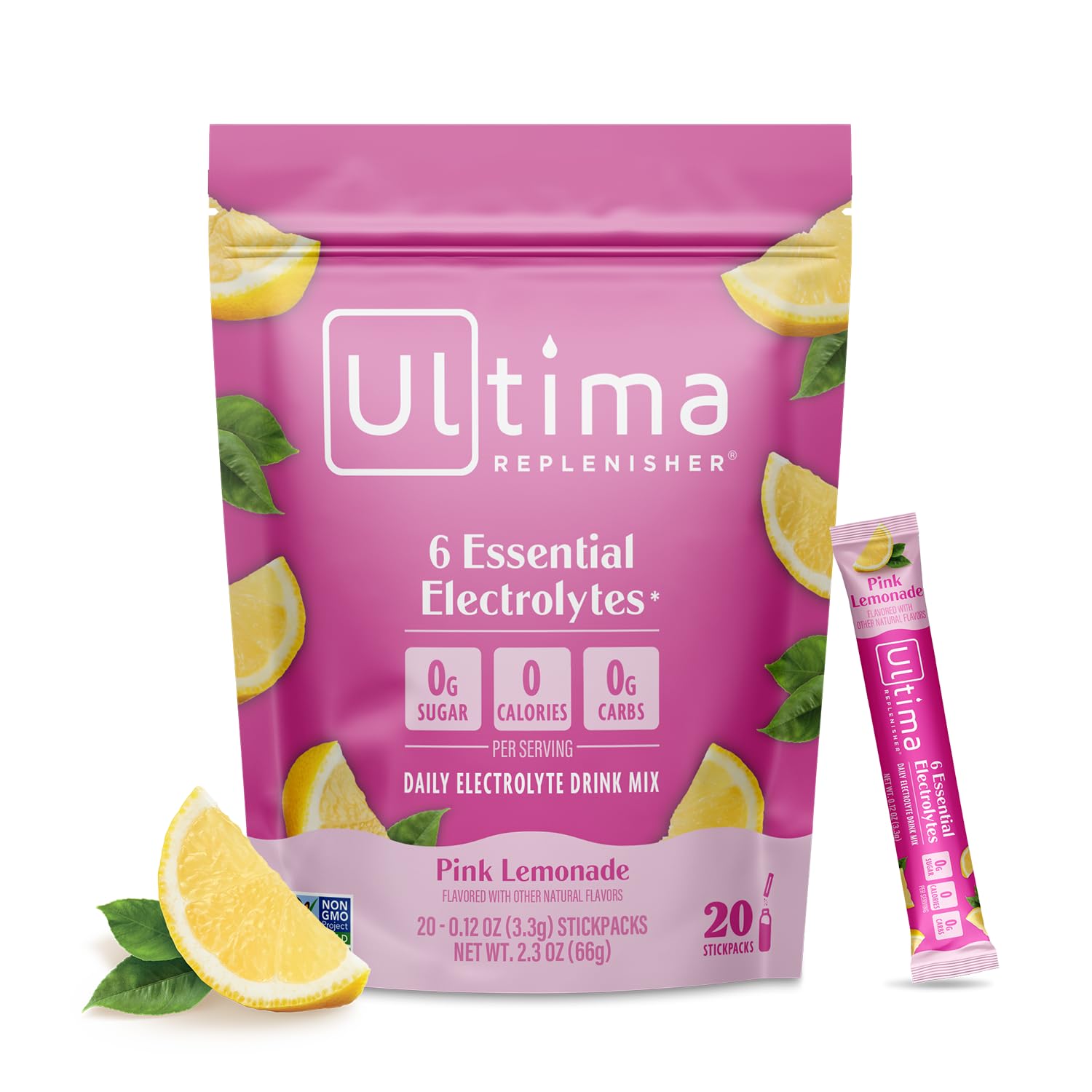 Ultima Replenisher front packaging showing 20 stickpacks and product benefit