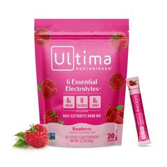 Ultima Replenisher raspberry front packaging showing box and stickpacks for convenient hydration