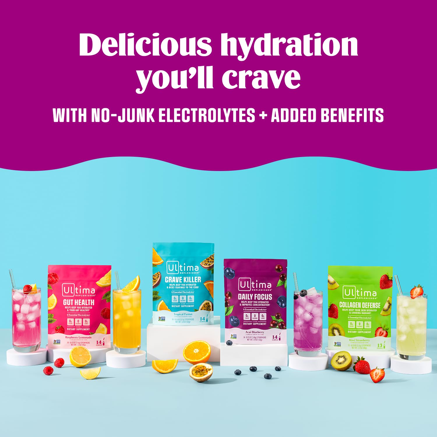 Ultima Replenisher stickpack junto a botella de 16 oz para comparar tamaño
