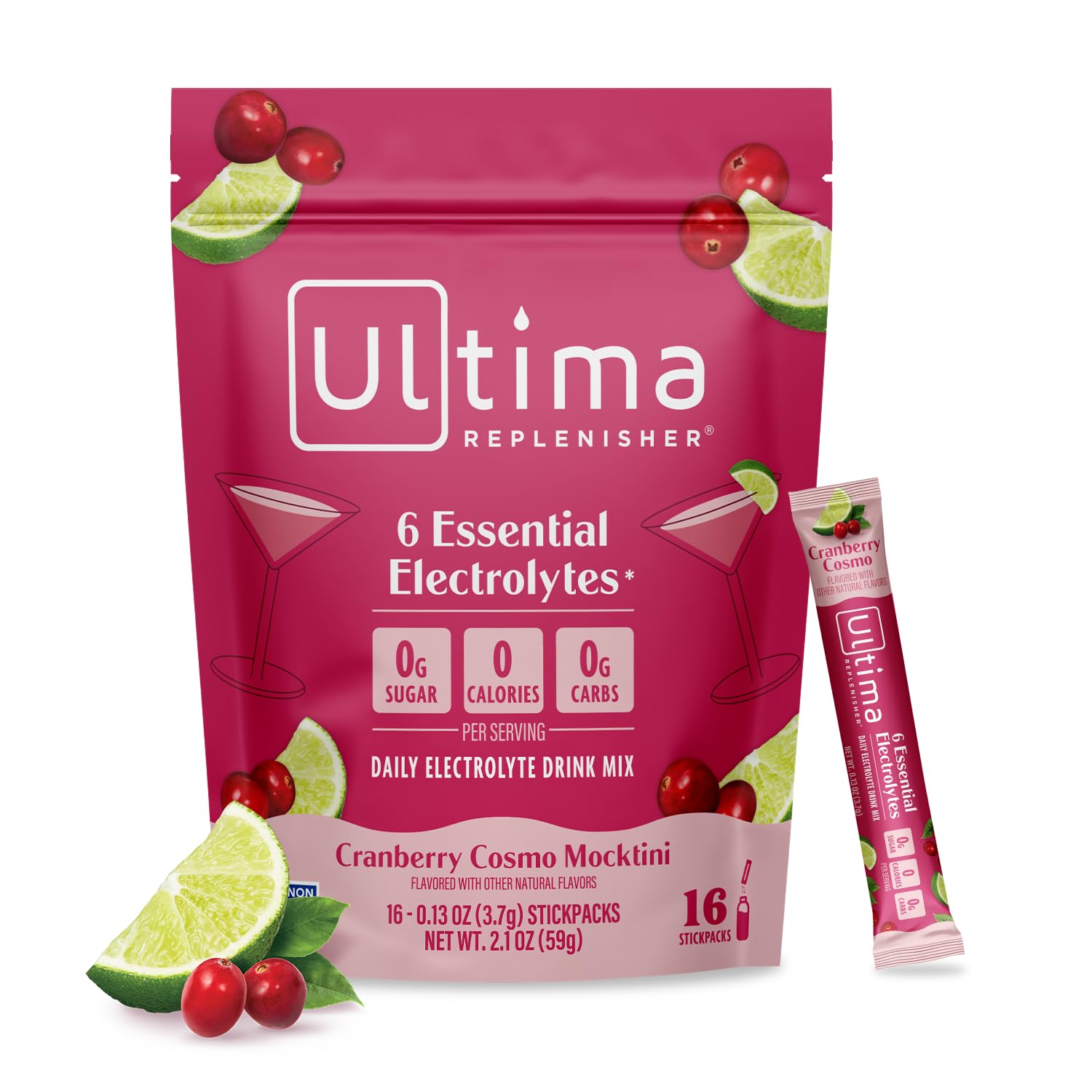 Ultima Replenisher frontal del paquete Cranberry Cosmo mostrando diseño y cantidad
