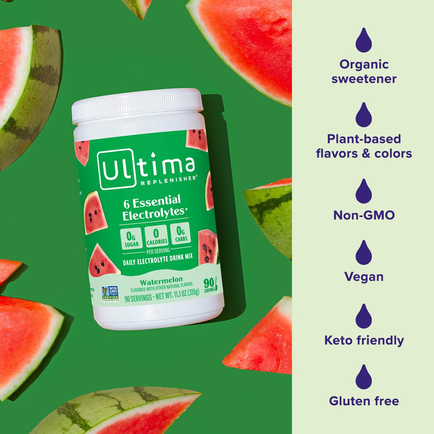 Ultima Replenisher etiqueta con lista de electrolitos y beneficios claros