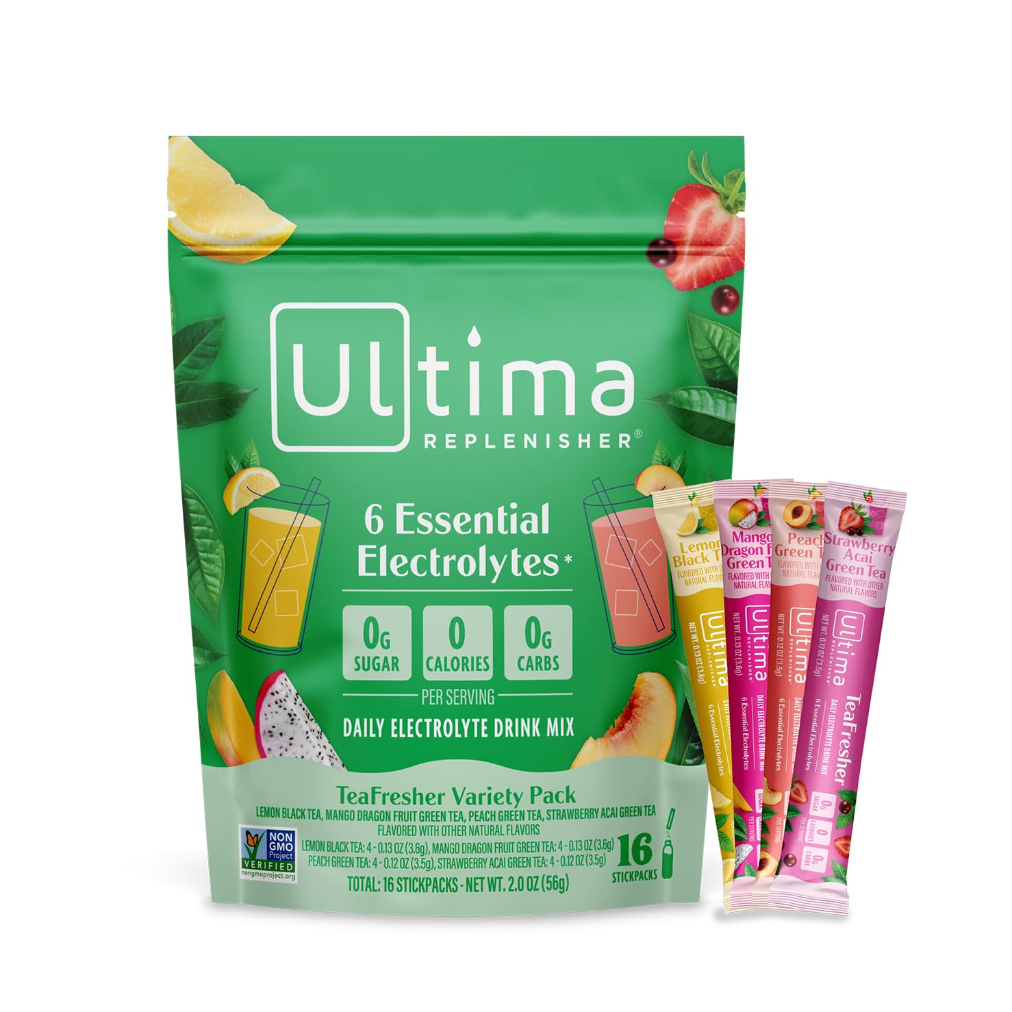 Ultima Replenisher frente del paquete mostrando variedad de sabores yportabilidad