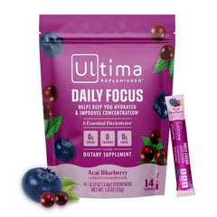 Ultima Replenisher frontal del paquete mostrando stickpacks y sabor