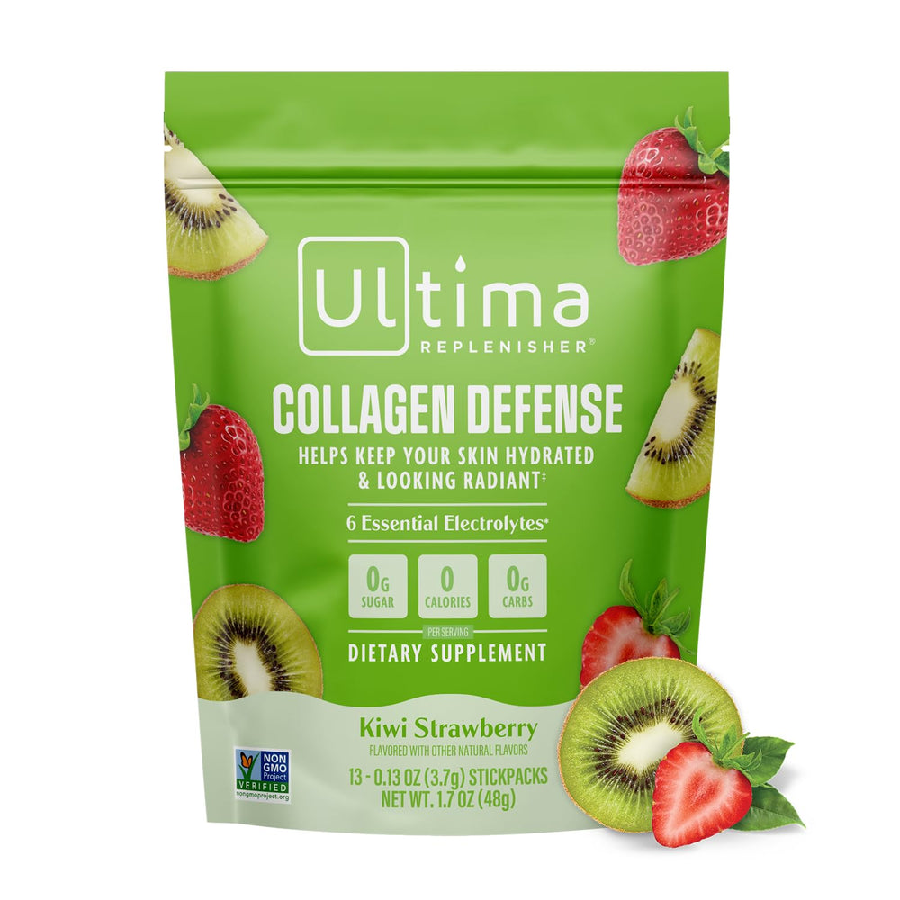 Ultima Replenisher paquete frontal mostrando los 13 stickpacks y diseño claro