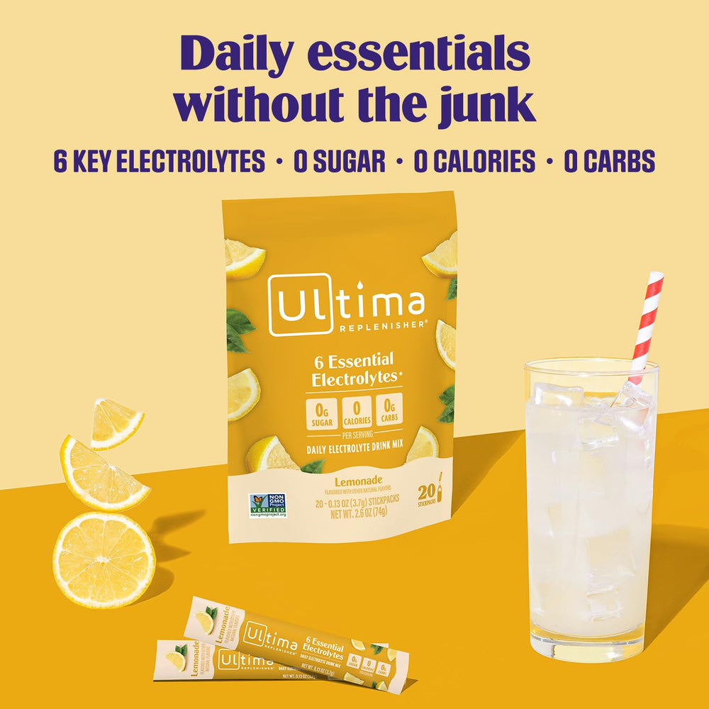 Ultima Replenisher stickpack close-up highlighting single-serve portability and easy use