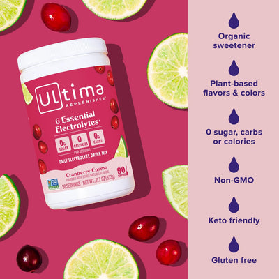 Nutrition facts and ingredient label on Ultima Replenisher canister for ingredient transparency