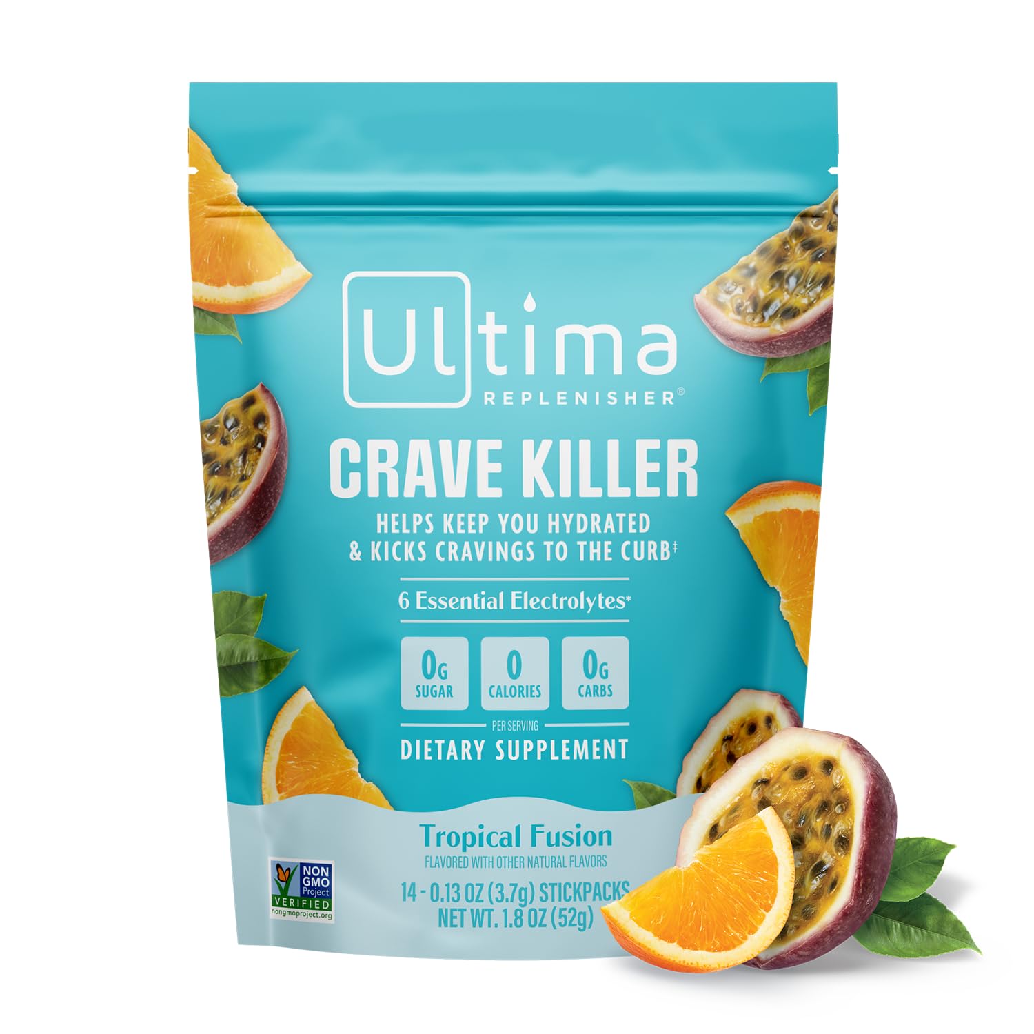 Ultima Replenisher empaque frontal mostrando stickpacks y beneficio práctico