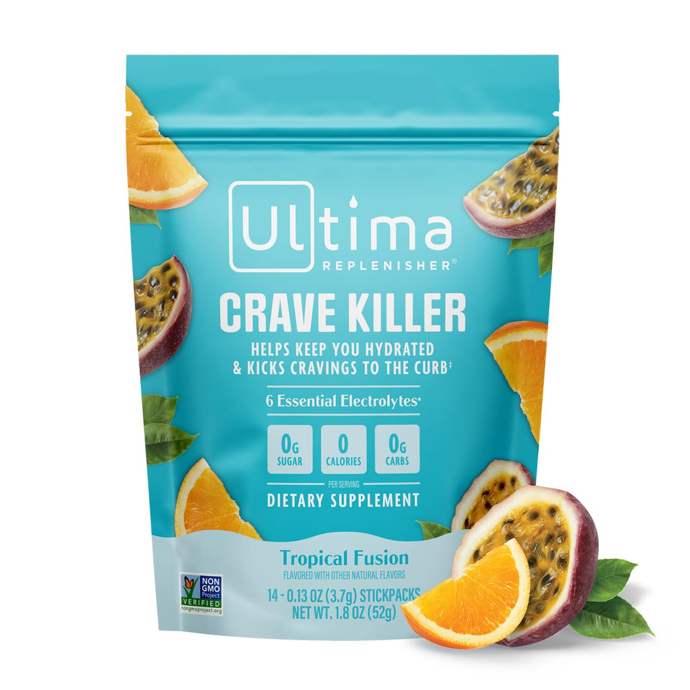 Ultima Replenisher empaque frontal mostrando stickpacks y beneficio práctico