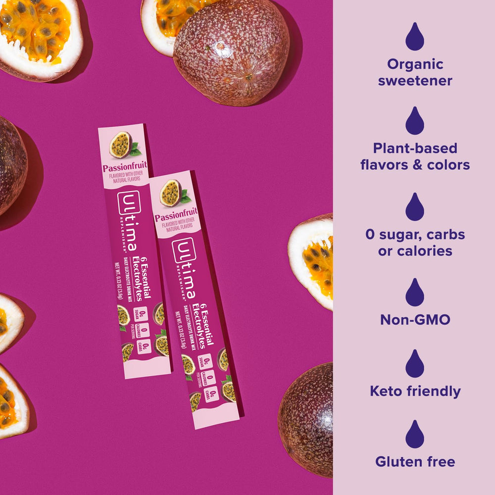 Ultima Replenisher mixed passionfruit drink in bottle demonstrating clear hydration