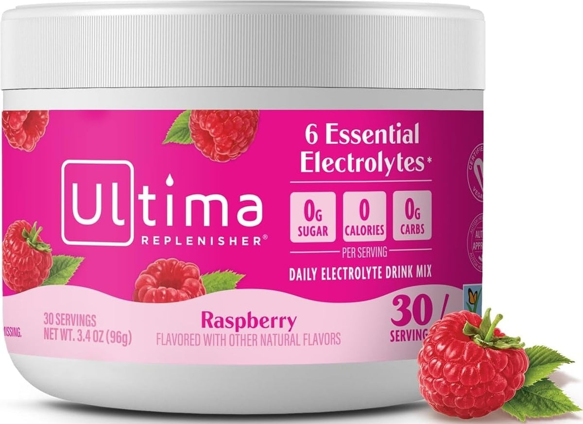 Ultima Replenisher front canister showing raspberry flavor and servings benefit