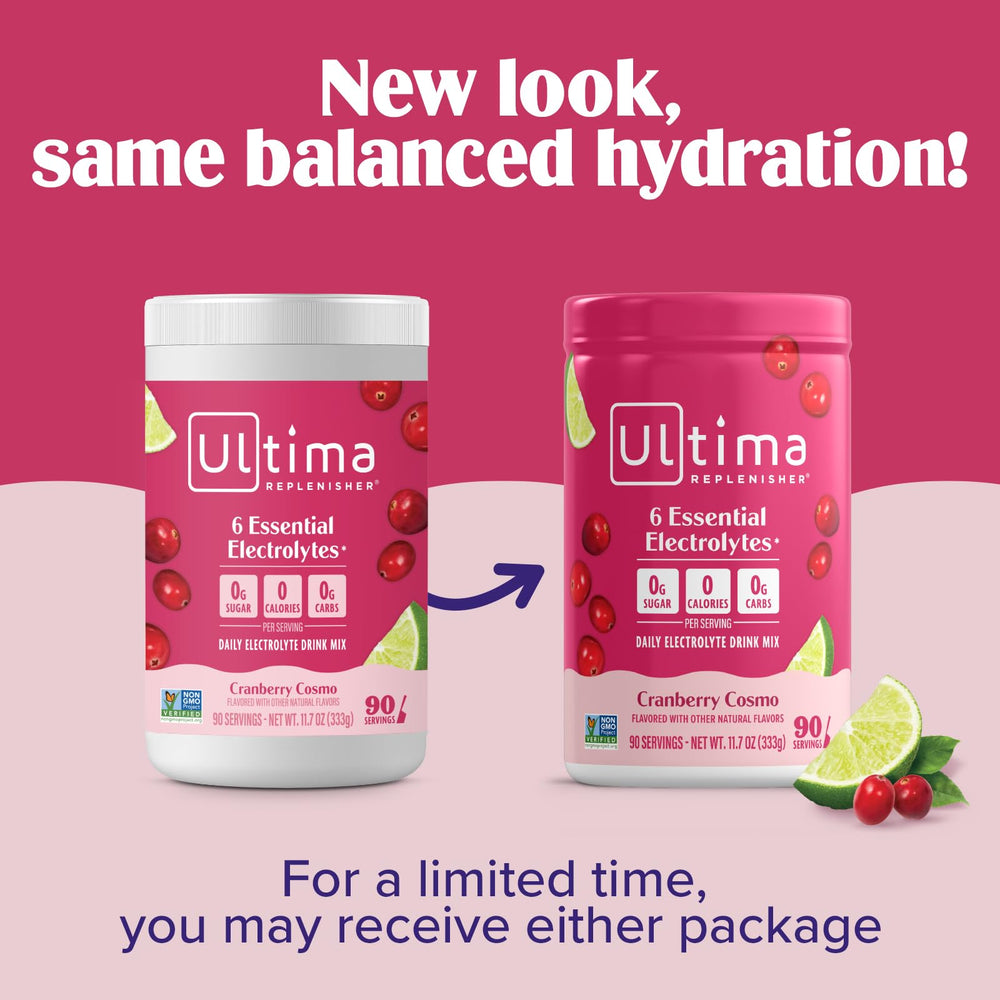 Scoop of Ultima Replenisher powder next to canister demonstrating single-serving convenience