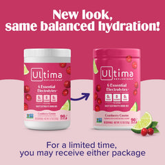 Scoop of Ultima Replenisher powder next to canister demonstrating single-serving convenience