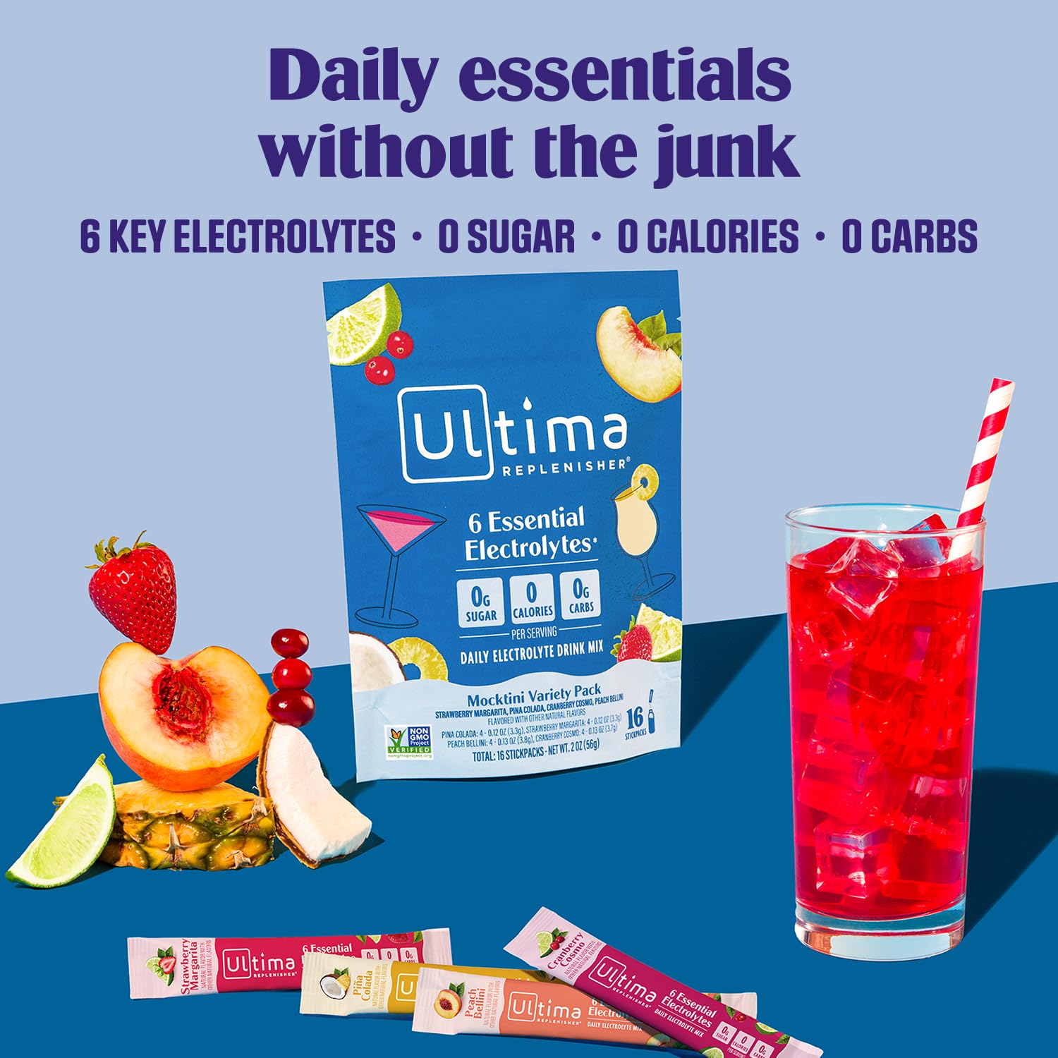 Ultima Replenisher sobres individuales mostrados listos para llevar