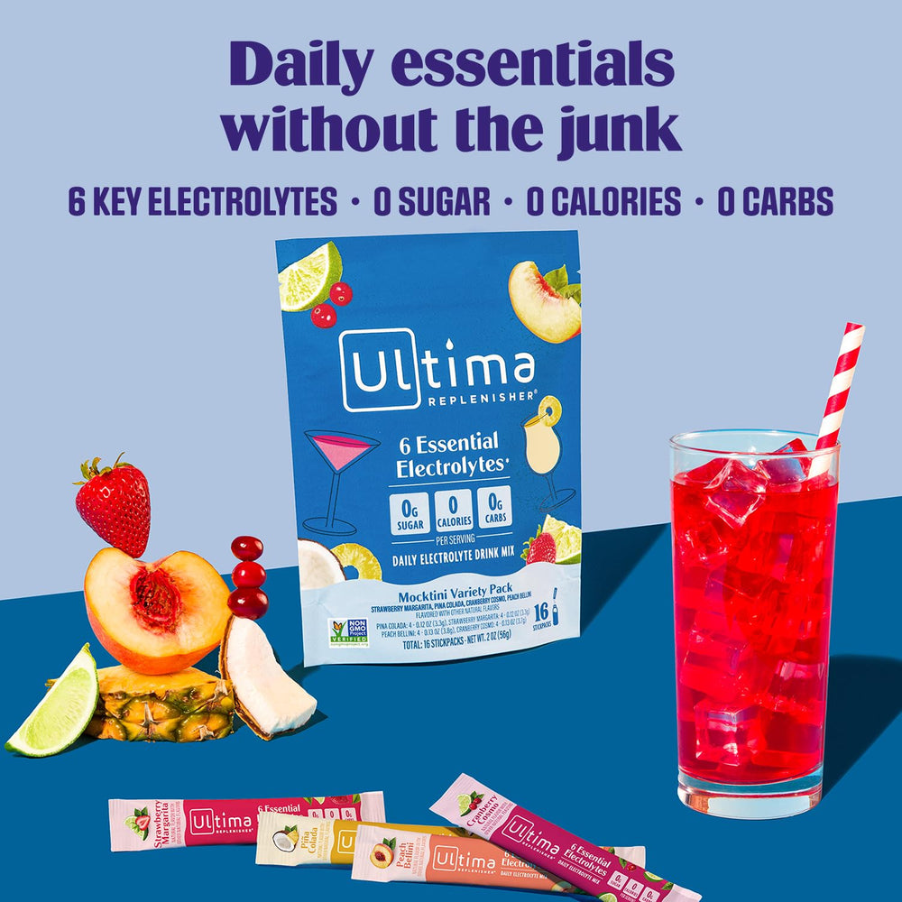 Ultima Replenisher sobres individuales mostrados listos para llevar