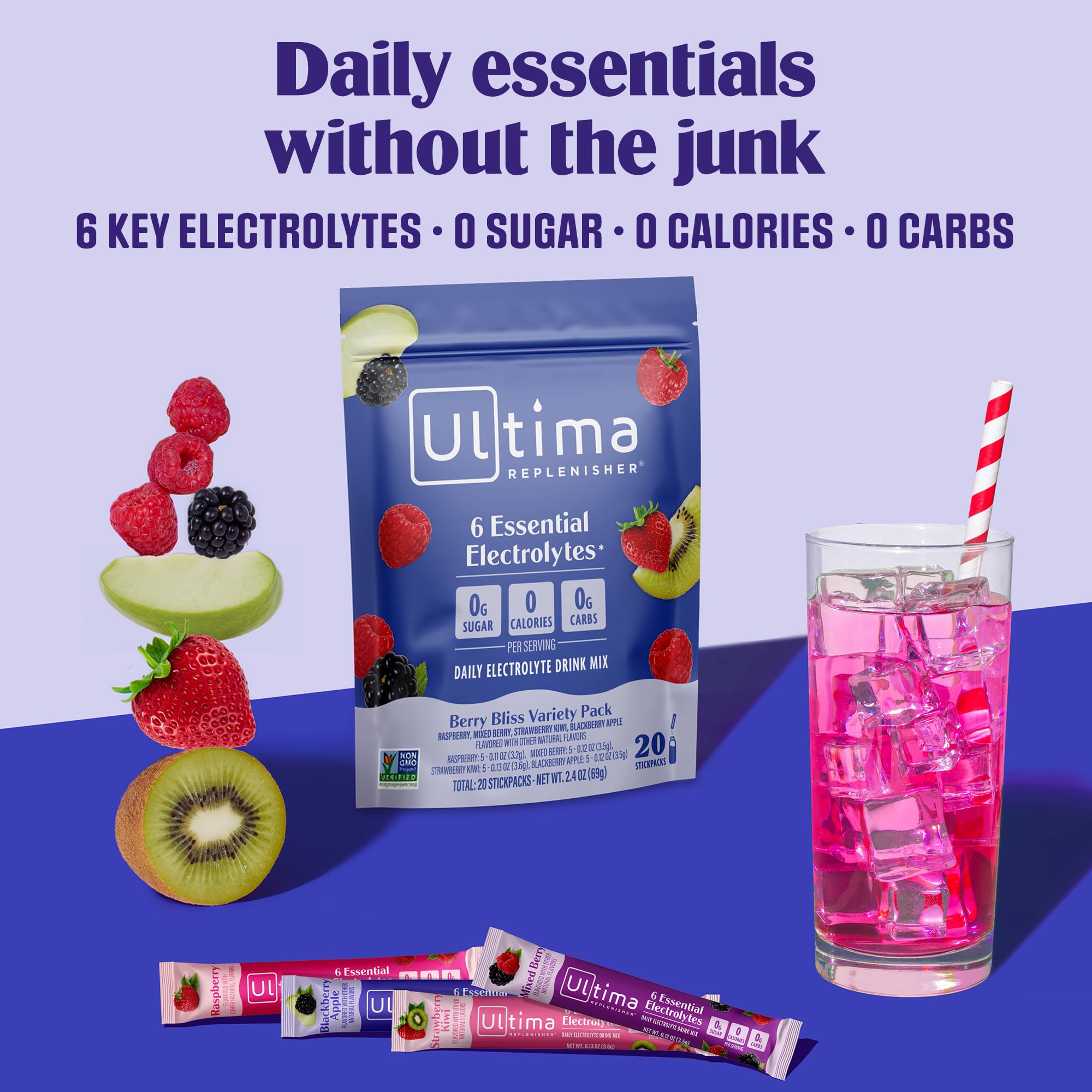 Ultima Replenisher stickpack detalle de polvo listo para disolver