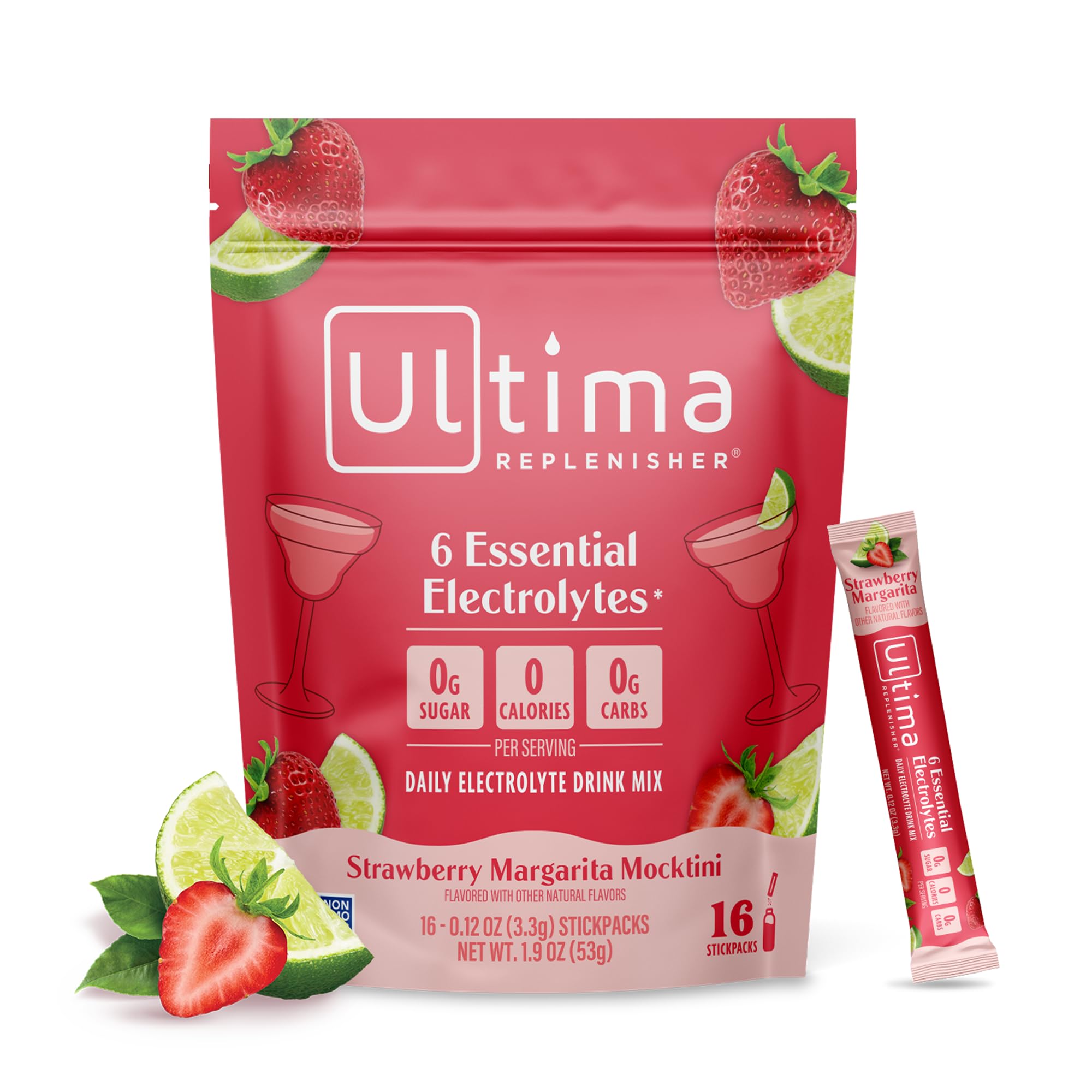 Ultima Replenisher frente del empaque mostrando diseño y 16 sobres