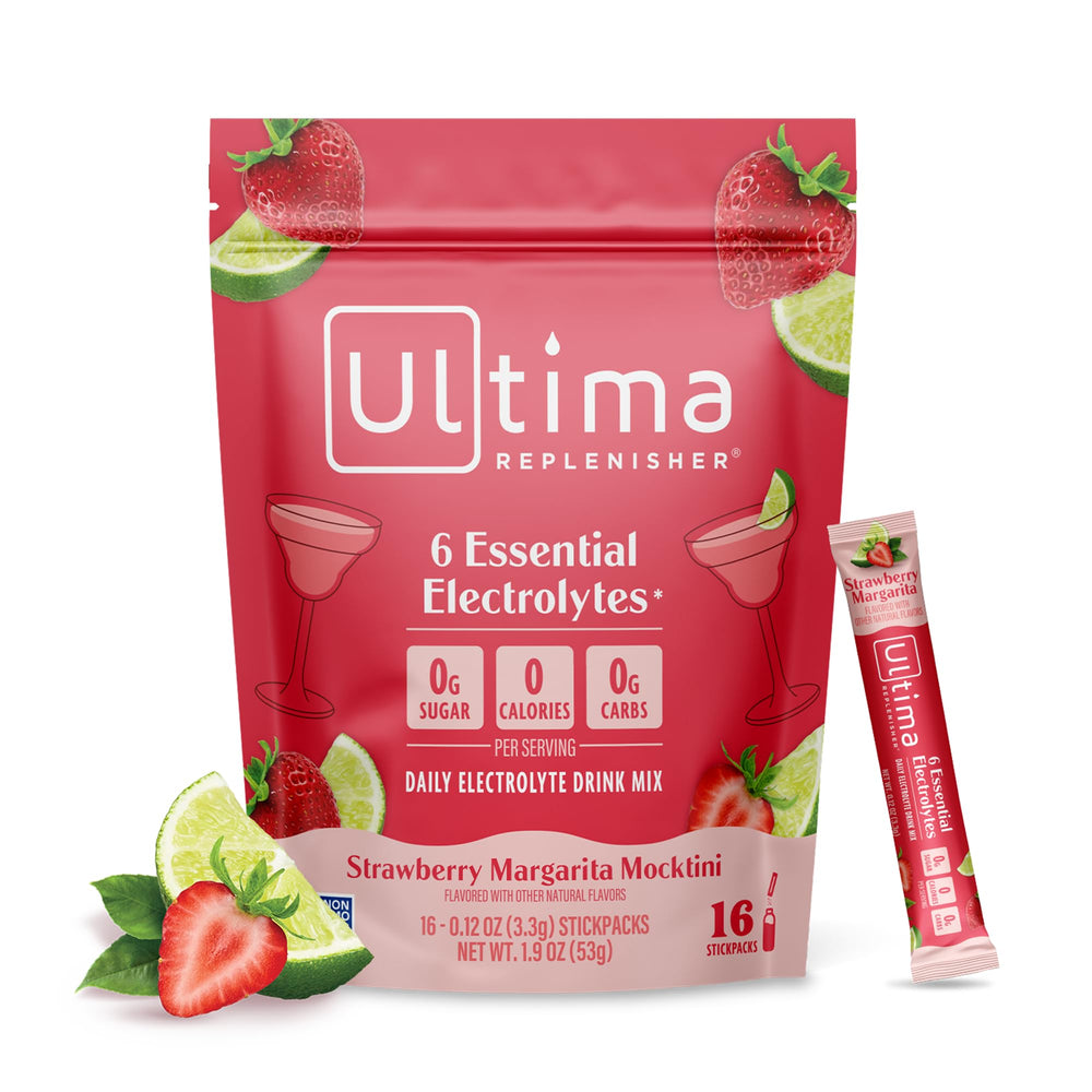 Ultima Replenisher frente del empaque mostrando diseño y 16 sobres