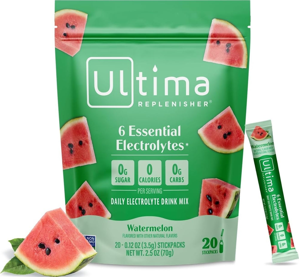 Ultima Replenisher front packaging showing watermelon flavor and 20 stickpacks for convenience