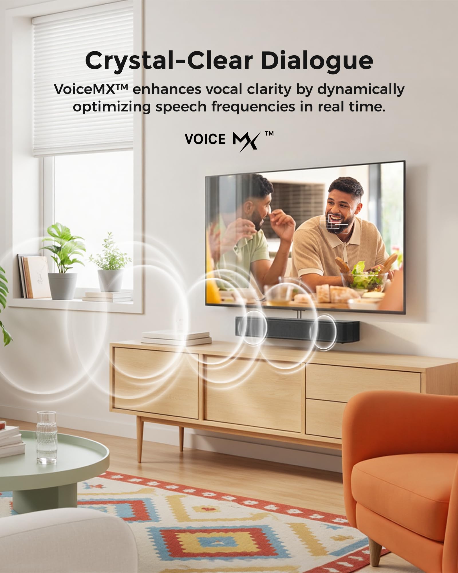 ULTIMEA sound bar mounted under TV demonstrating space-saving installation